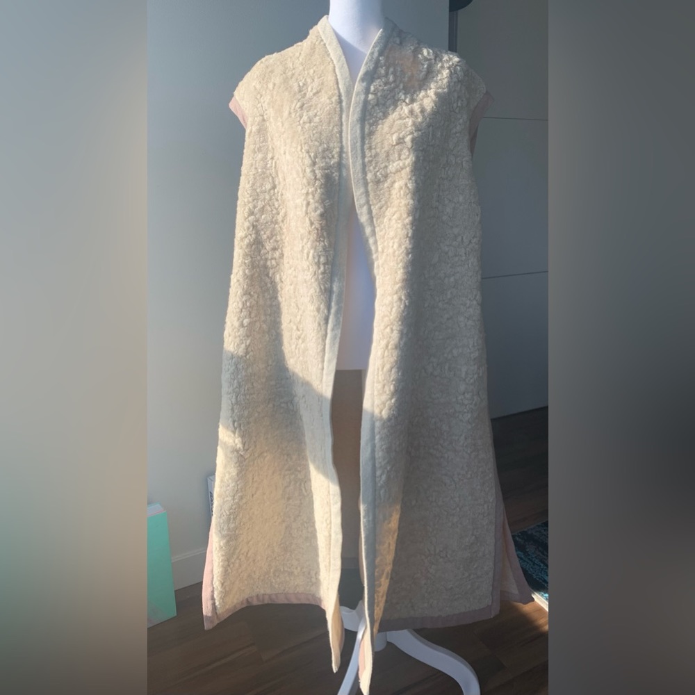 Atelier Delphine faux fur long vest, cream with pink trim, size S,  never worn